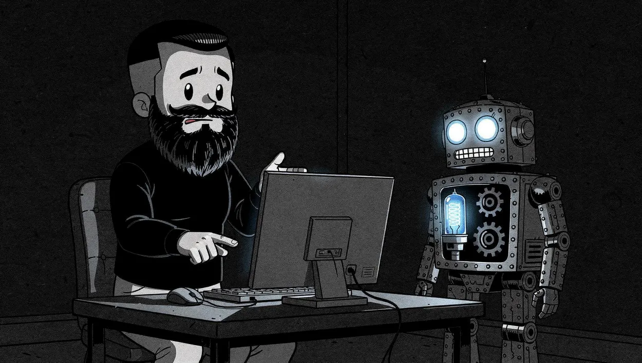 Cartoon man at a computer desk with a small steampunk robot standing nearby — Claude AI vs Claude Cowork vs Claude Code comparison