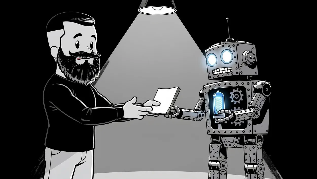 Cartoon man handing a manual to a small steampunk robot under a spotlight — illustrating how Claude skills give AI a defined process to follow